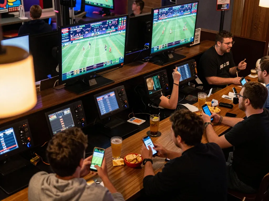 Fans celebrating wins while using nhà cái 555win to bet on live sports at a vibrant bar