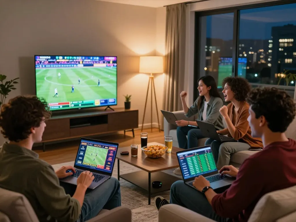 Dynamic evening scene of friends using link 1gom for online betting.