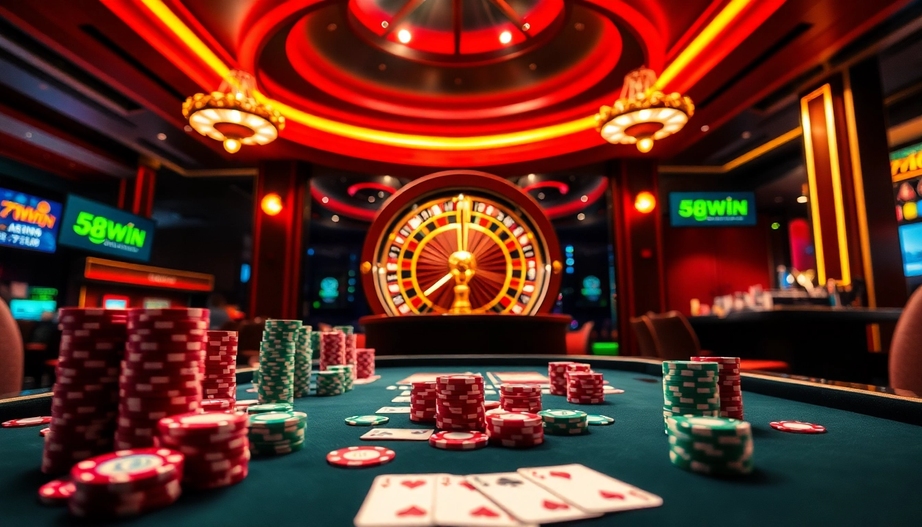 Experience thrilling gameplay at 58WIN casino with vibrant poker chips and roulette excitement.