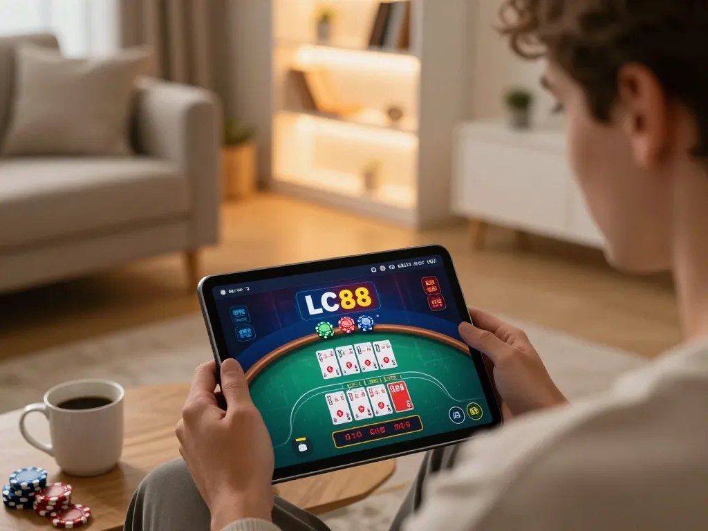 Play online casino games using the LC88 app on a cozy tablet setup.