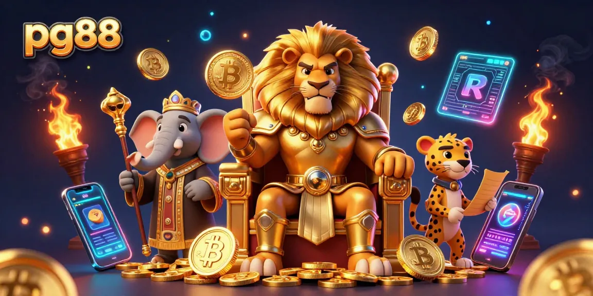Engage in thrilling bets with pg88, a vibrant casino scene showcasing a lion king with gold coins amid crypto elements.