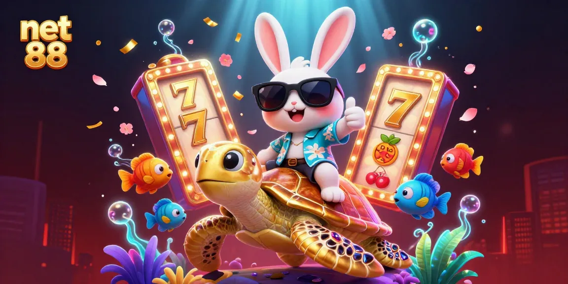 Experience the excitement of net 88 with a lively 3D casino illustration featuring a lucky rabbit and golden sea turtle.