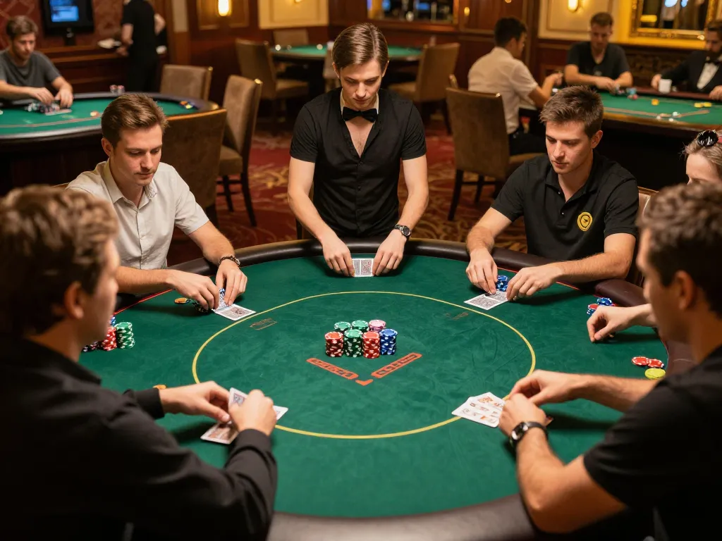 Players strategizing their next move in an intense poker game at the upscale casino 58wiin