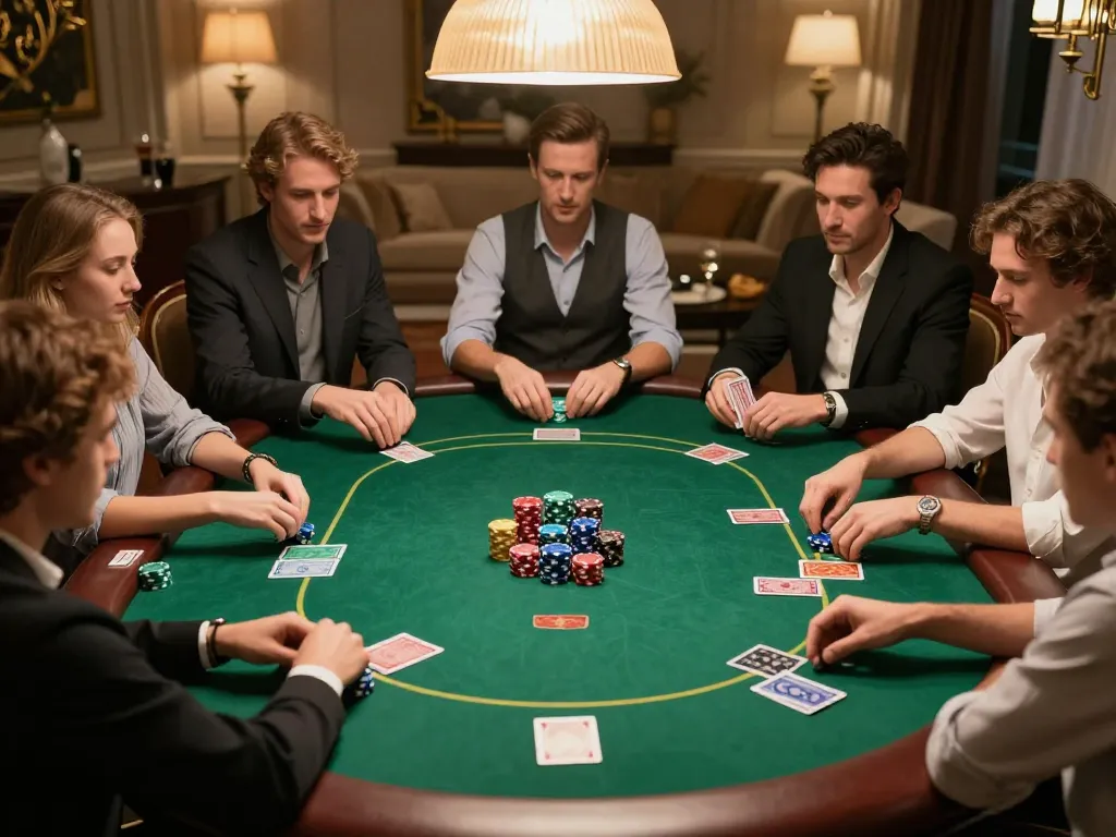 Engaged players at a vb88 poker game, focusing on strategic plays and vibrant chips.