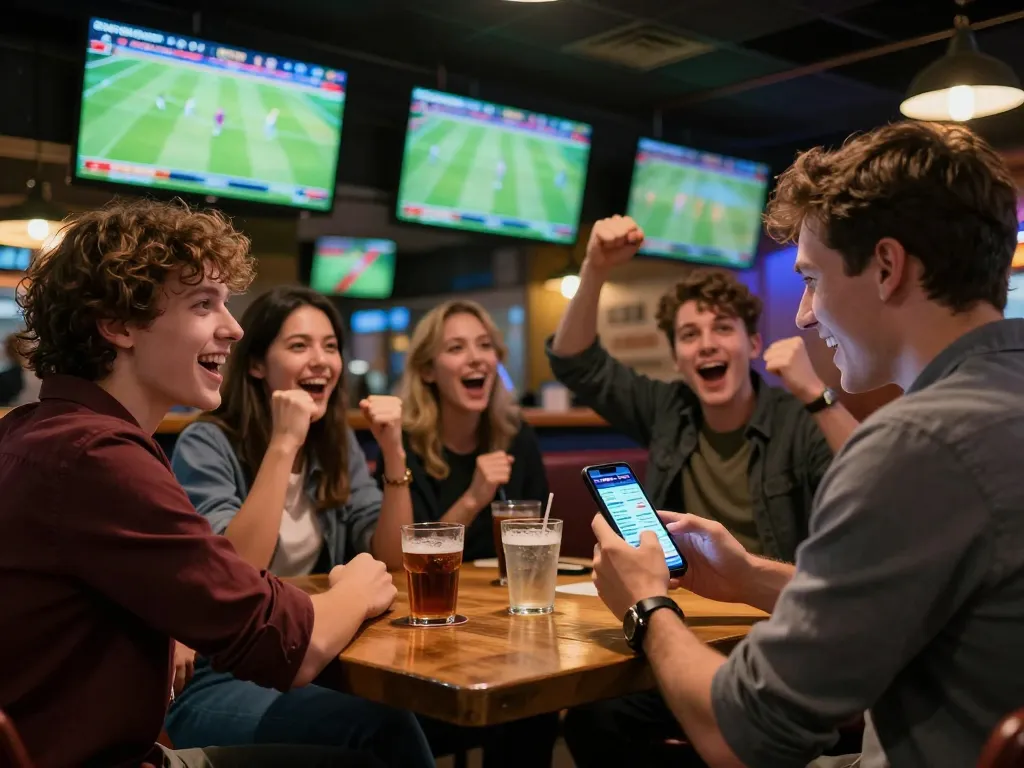 Bongdalu user excitedly placing bets at a lively sports bar while watching live football matches.