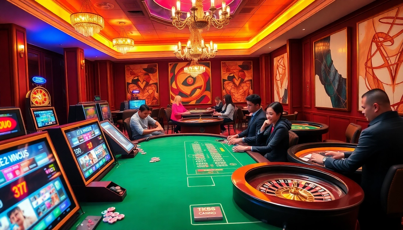 Experience the excitement of TK88 Casino with vibrant games, poker chips, and luxurious decor.