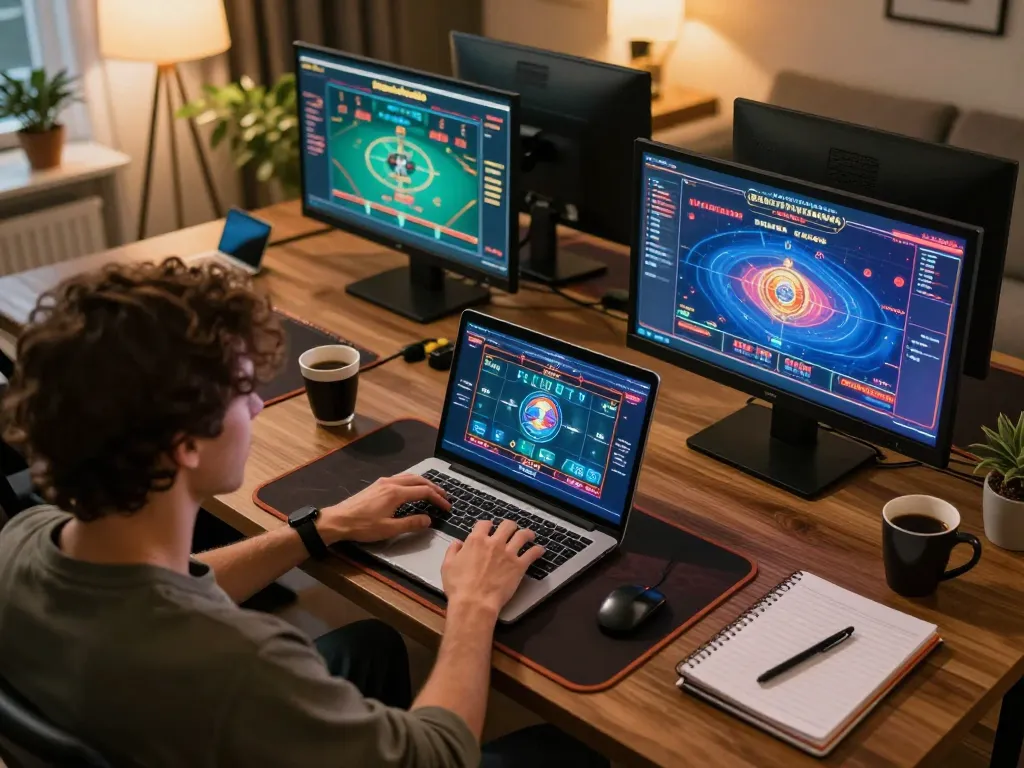 Player engaged in online gaming at home, showcasing nhacaiuytinn strategies, gaming tools visible around.