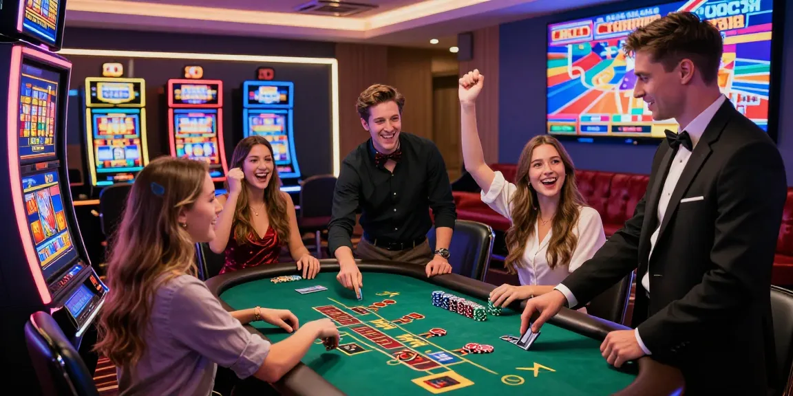A lively scene at a credit card casino in the UK featuring players enjoying slots and blackjack, highlighting scoarch.org.uk's focus on credit card gaming.