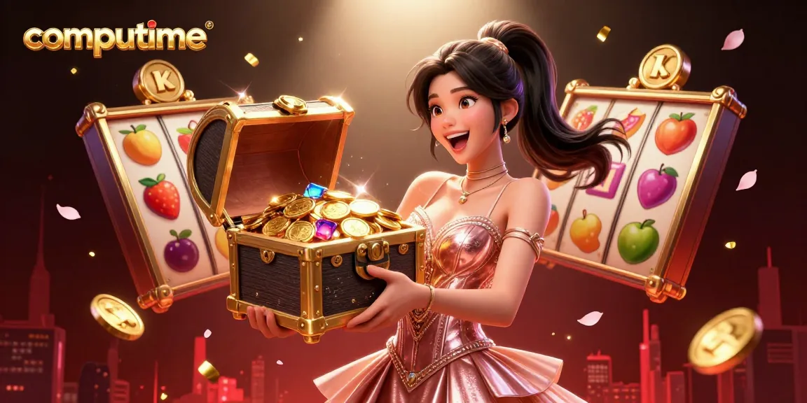 Engage with computime's thrilling slot experience featuring a treasure chest overflowing with coins.