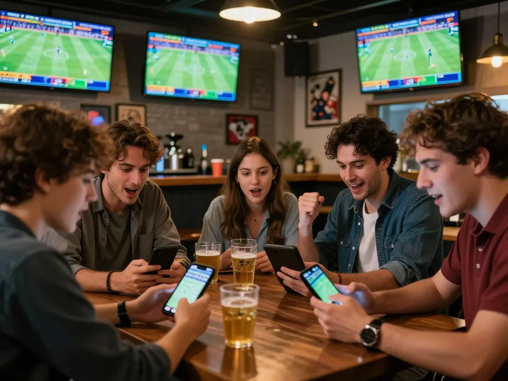Engaged friends using smartphones for sports betting at BONG88 during live matches.