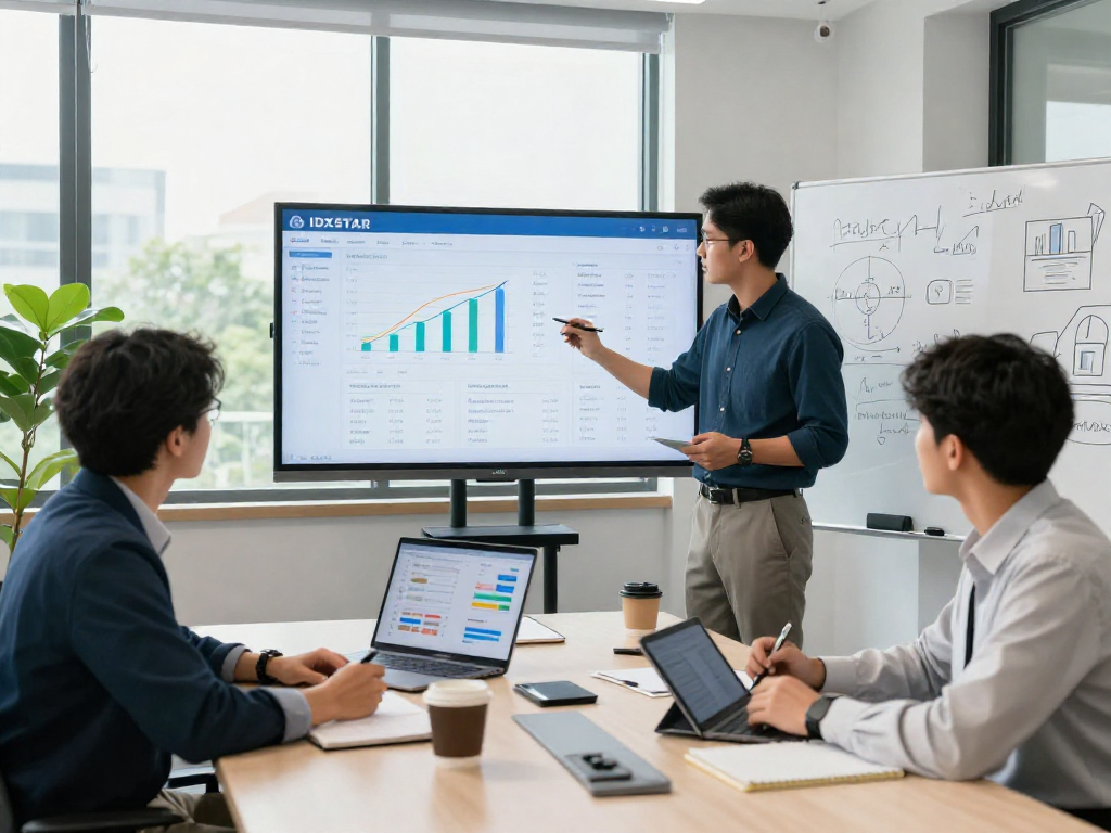 Collaboration in real estate marketing with IDXSTAR analytics in a modern office.