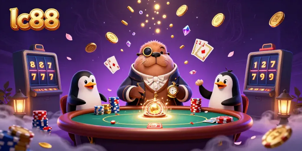 Experience vibrant gambling action with lc88 as a walrus plays poker under the sea.