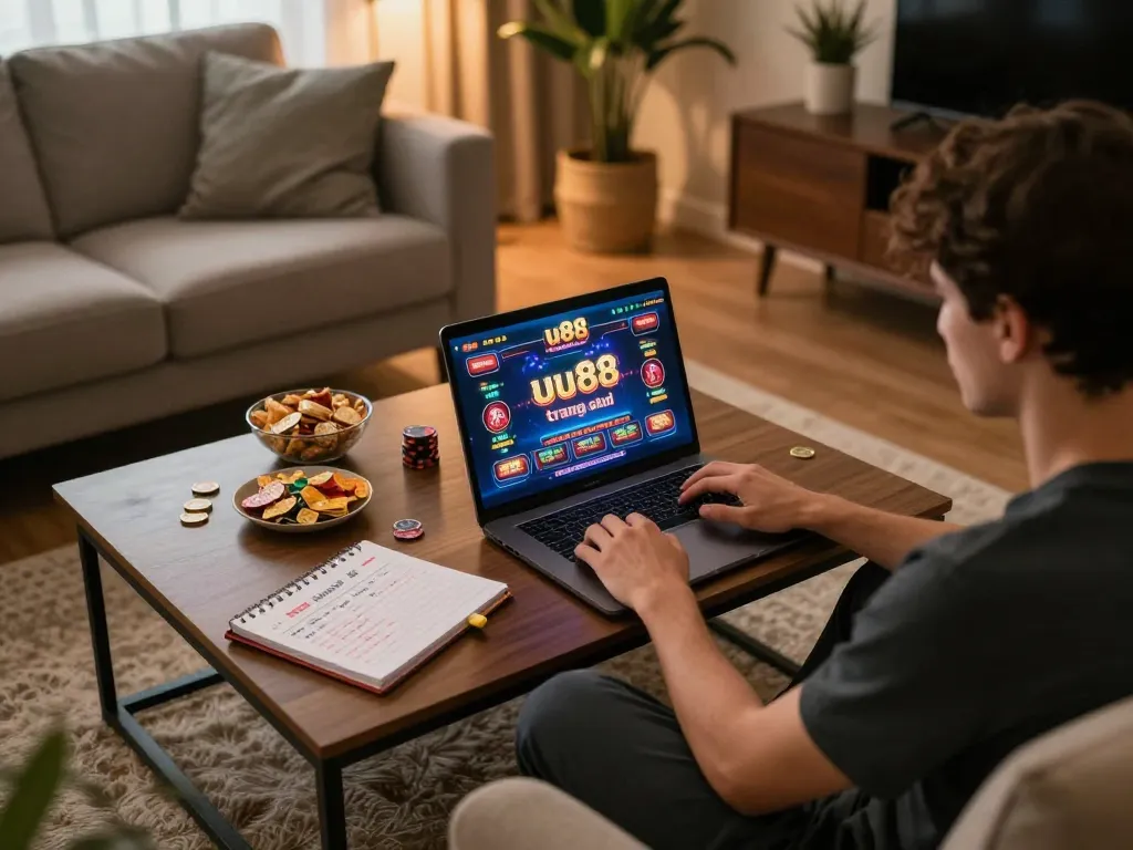 Player engaging in online gameplay at uu88 trang chủ in a cozy living room setting, showcasing strategic preparation.