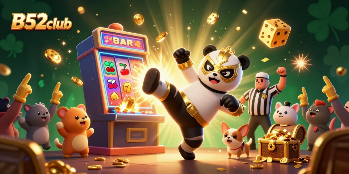 B52club engages players with a thrilling jackpot vibe featuring a panda wrestler and animal crowd.