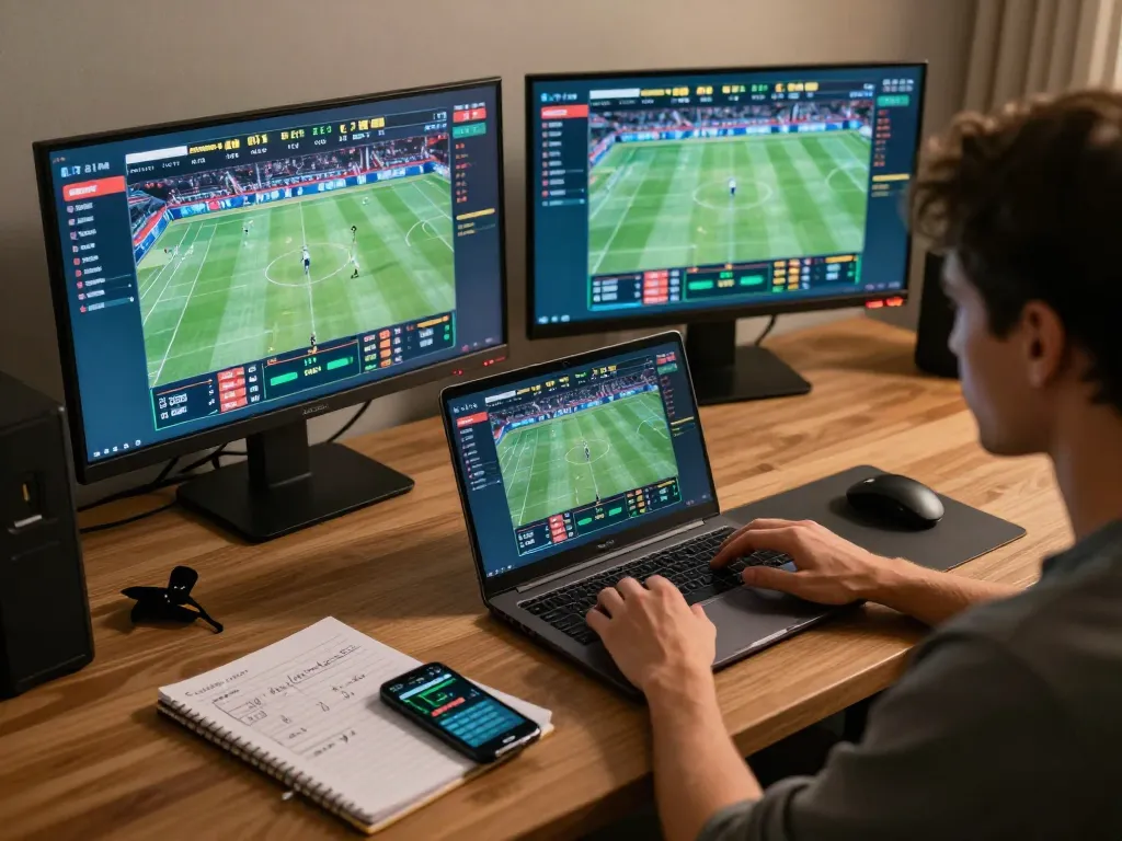 Engaging in sports betting online for kèo nhà cái from a modern home office.