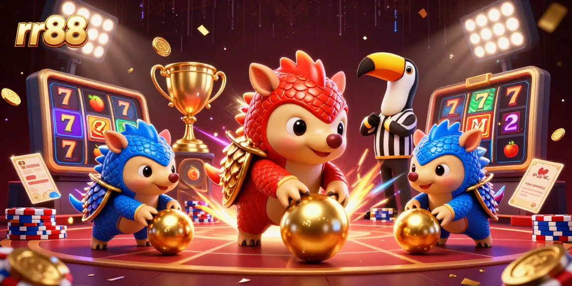 Engage with the exciting rr88 casino experience, featuring rival pangolins competing amidst vibrant gaming elements.