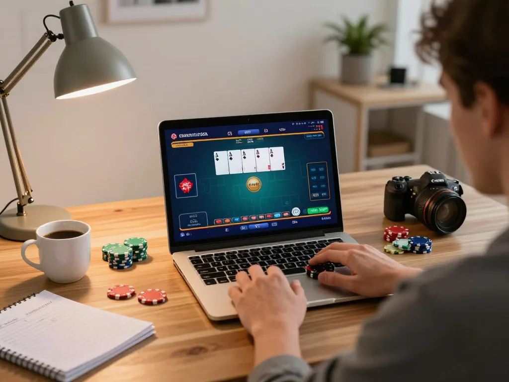 Player engaged in online poker at PH22, focusing on strategy with notes and warm home lighting.