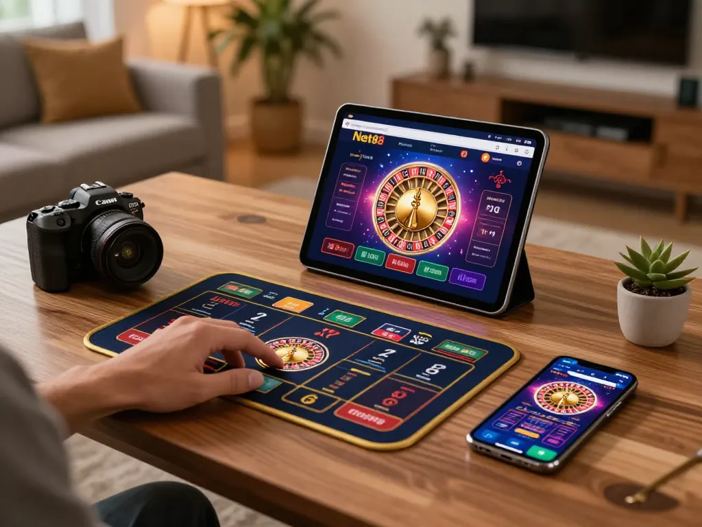 Engaging with Net88's online casino app on tablet, showcasing exciting roulette gameplay.