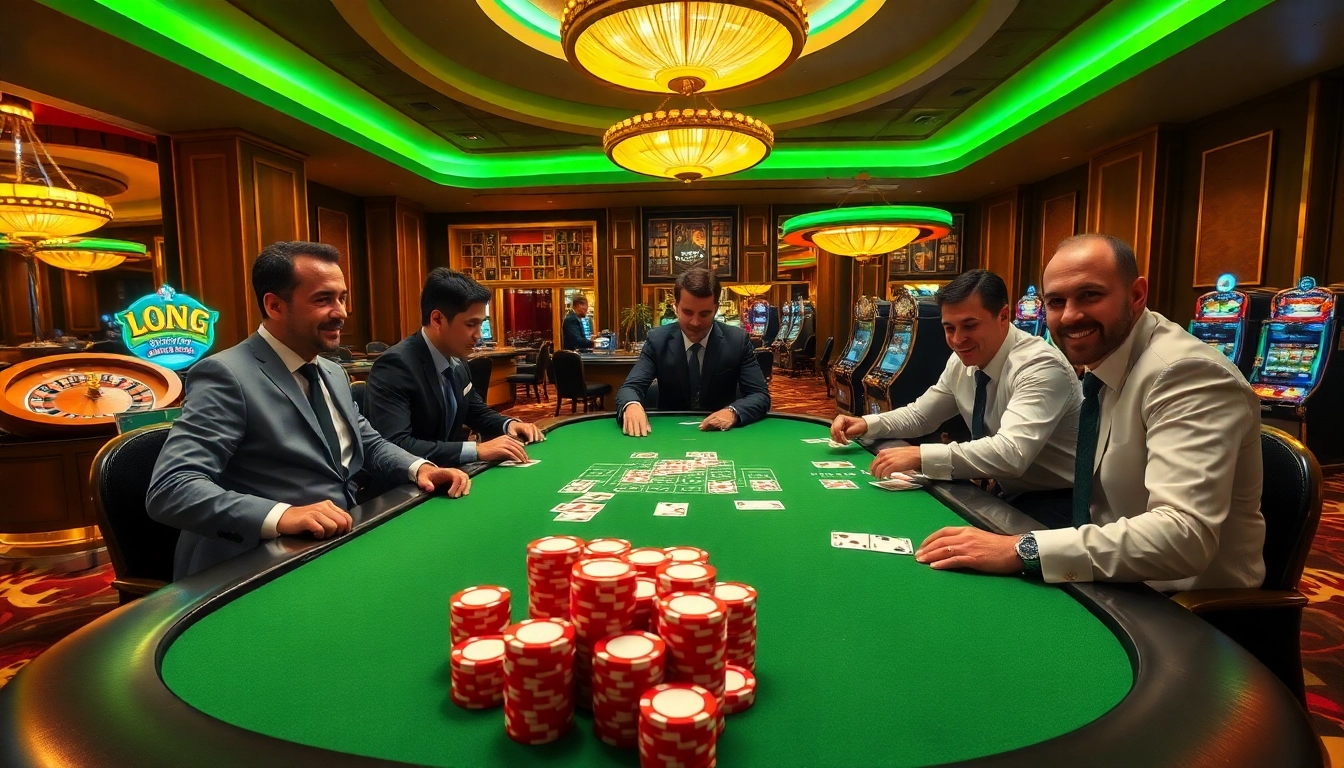 Players enjoy a thrilling poker game at dom88.us.com, surrounded by luxurious casino decor.
