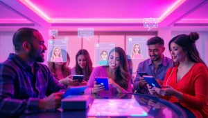 An engaging virtual chat environment depicting sex chat AI interactions with diverse individuals and lifelike avatars.