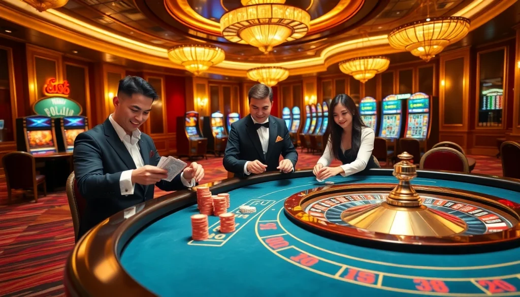 Exciting online casino scene featuring professional dealers with 'trang chủ da88' elements, vibrant games, and luxury.