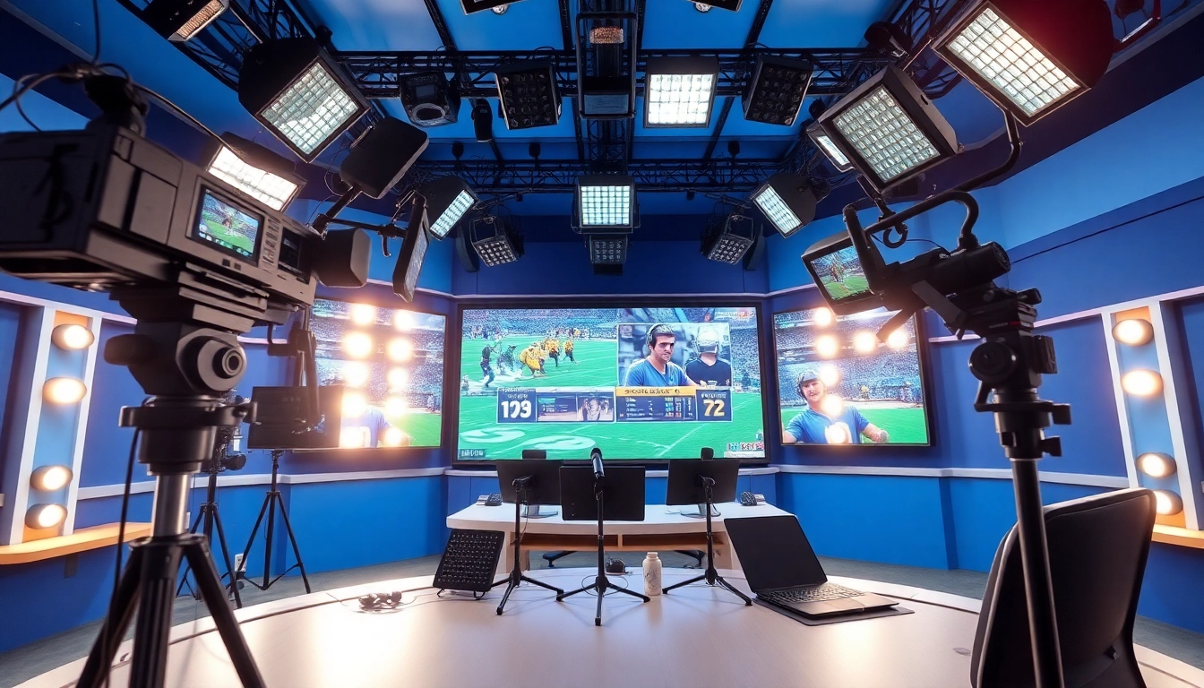 Dynamic sports broadcasting studio with modern technology and lively atmosphere.