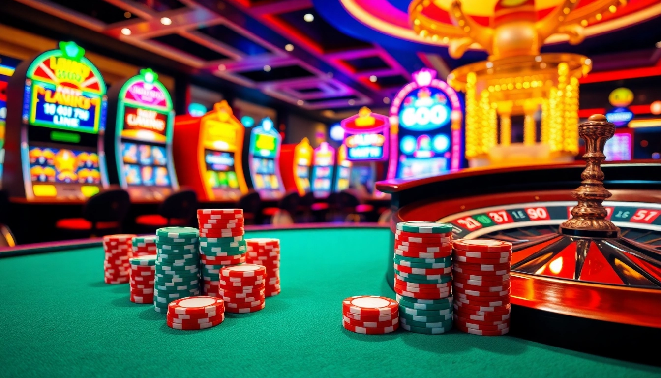 Experience thrilling action as players engage with LUCKY88 LINK on a vibrant casino floor featuring poker chips and slot machines.