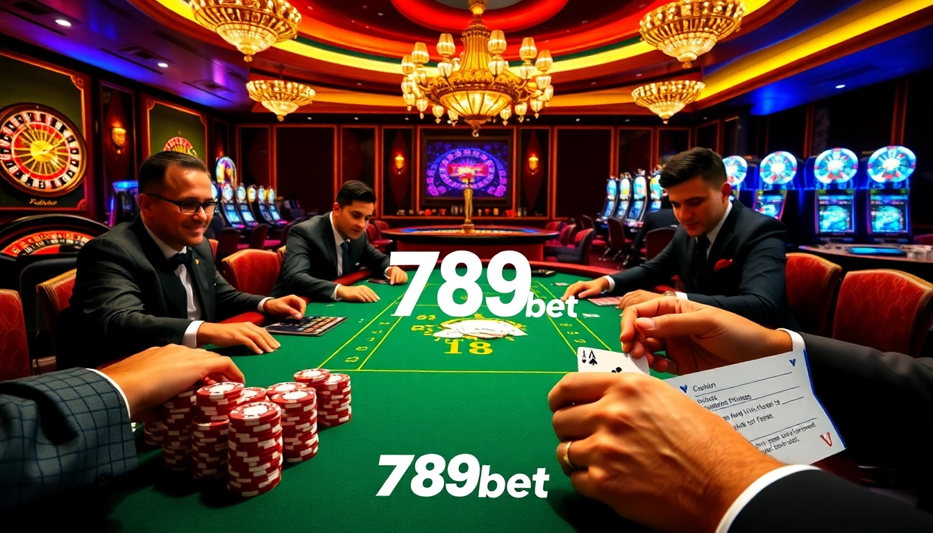 Experience the thrill of gaming at 789bet's luxurious casino setting with poker and roulette.