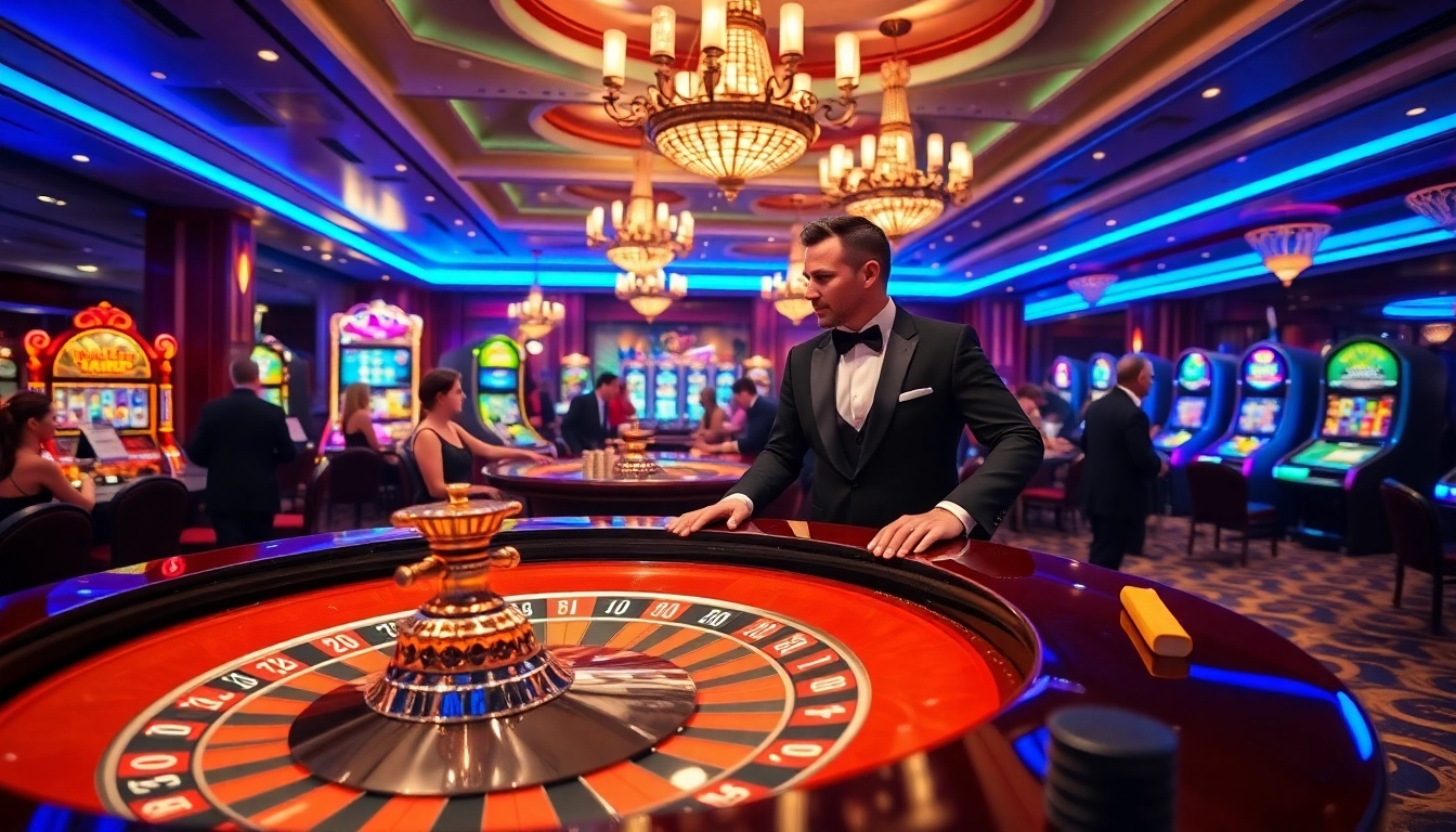 Exciting casino scene at https://nbet.ru.com/ featuring a roulette table, dealer in tuxedo, and vibrant slot machines.