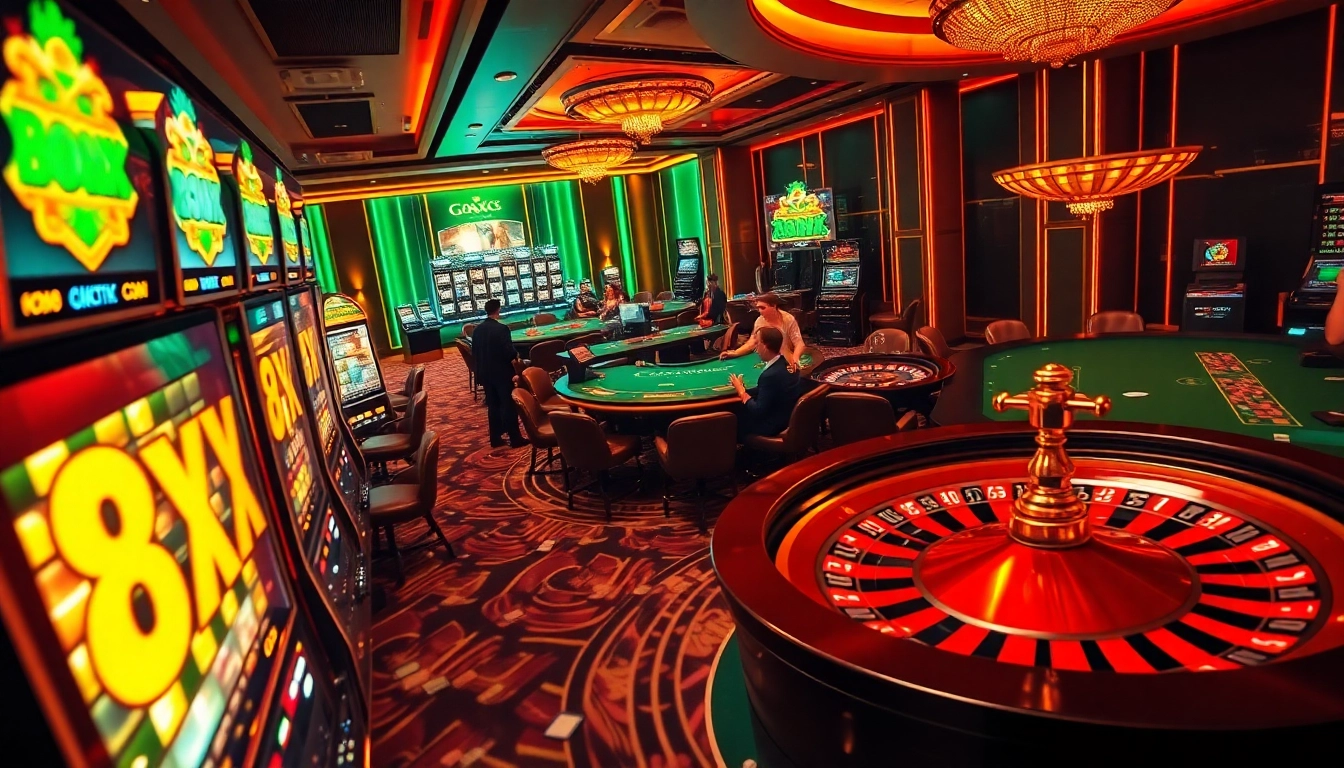 A thrilling moment in a casino featuring players at tables, showcasing the excitement of gambling at 8XX.