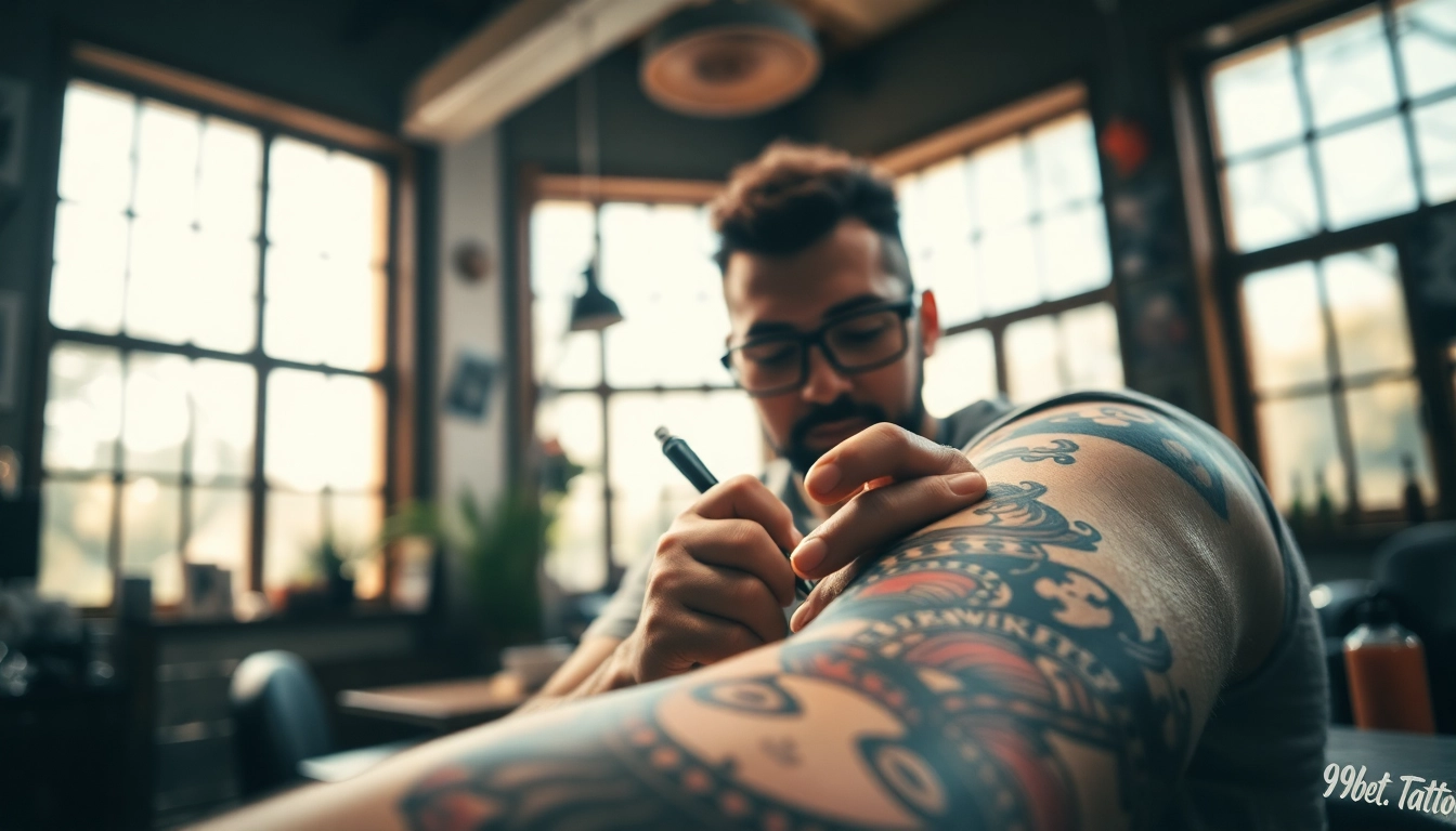 This tattoo parlor scene at https://89bet.tattoo/ features a skilled artist inking a vibrant design on a client's arm.