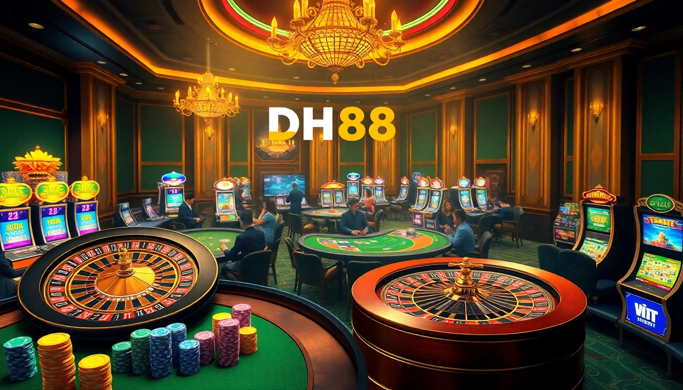 DH88 players engaging in a thrilling poker game at a vibrant online casino.