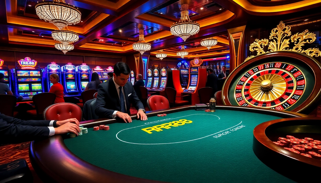 RR88 poker scene featuring strategic players and vibrant slot machines in a luxury casino setting.