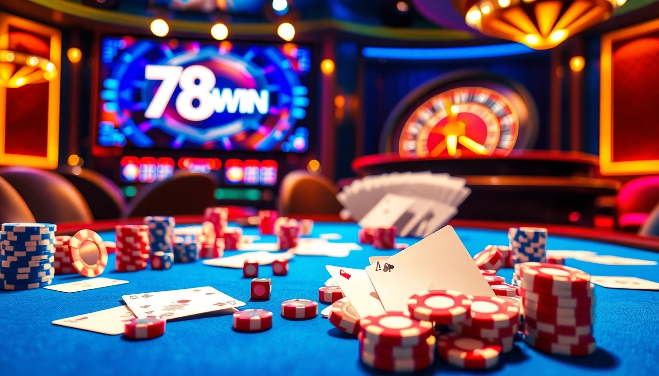 Engaging players at the 78WIN casino table, surrounded by vibrant poker chips and cards for thrilling gameplay.