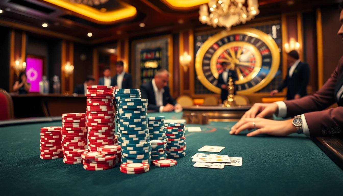 Experience the thrill of 28bet at an elegant poker table with vibrant chips and cards.