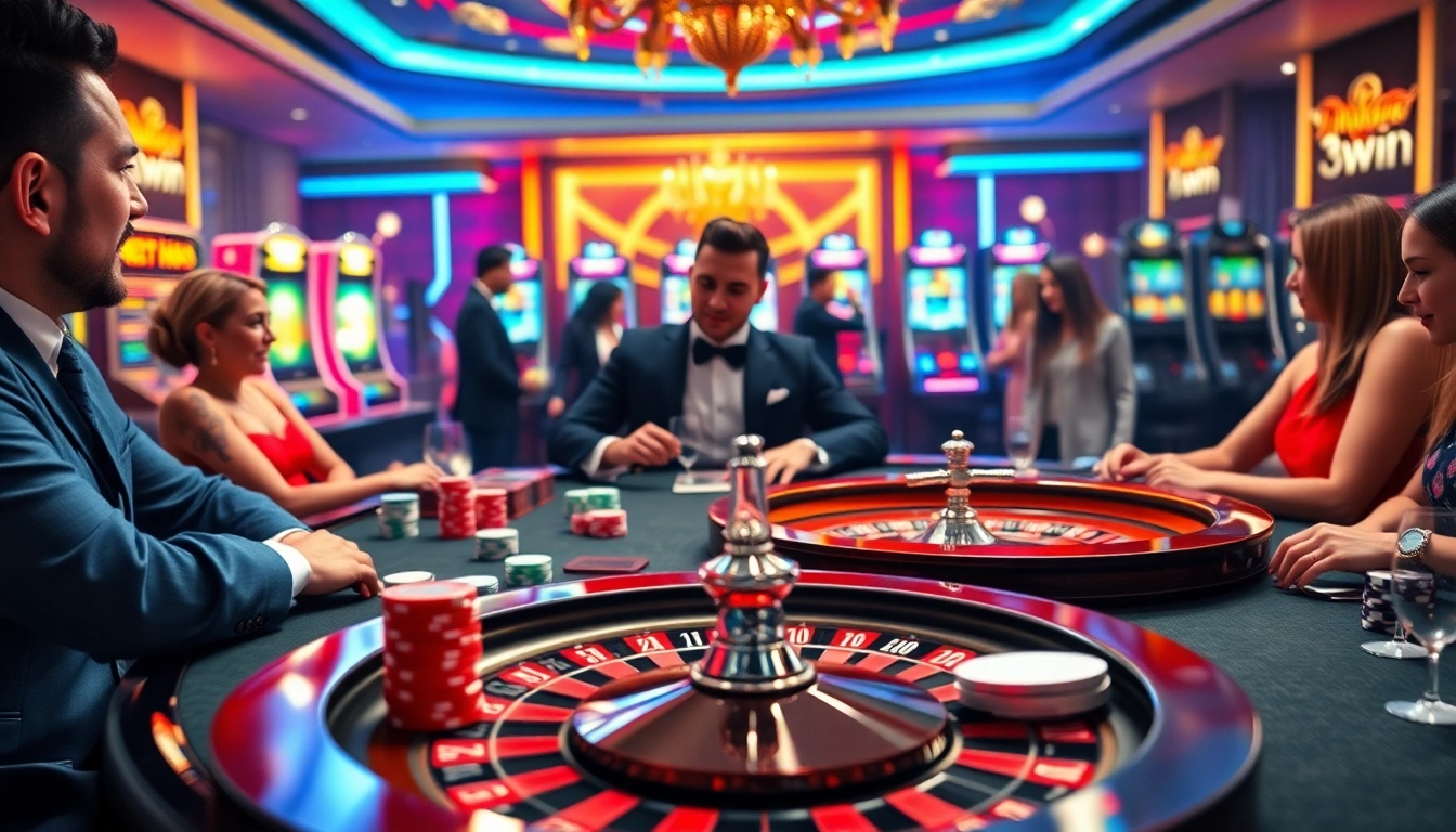 Players engaging at a professional 3win casino table with poker chips and cards.