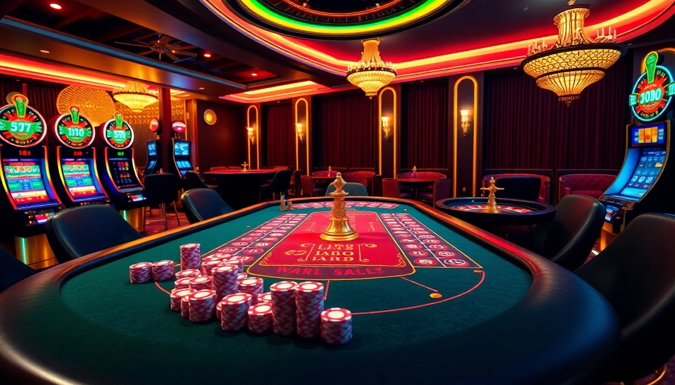 Experience the thrill of gambling with bangsawan88 in a vibrant casino setting featuring poker chips and slot machines.