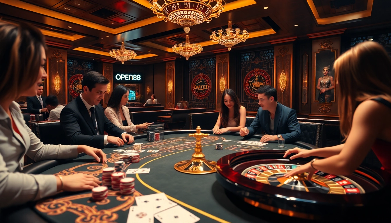 Engaging players at an open88 online casino table, showcasing excitement and high stakes.