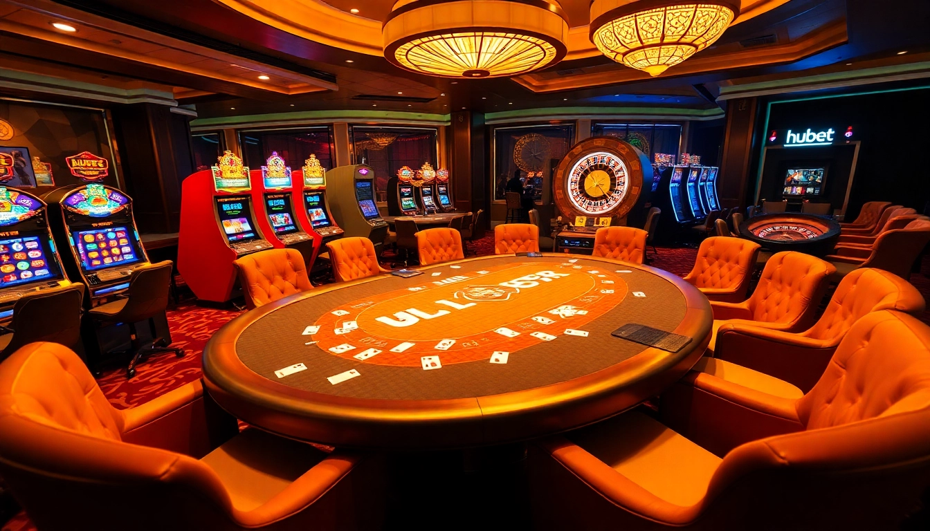 Exciting Hubet casino gameplay scene with poker chips and a roulette wheel.