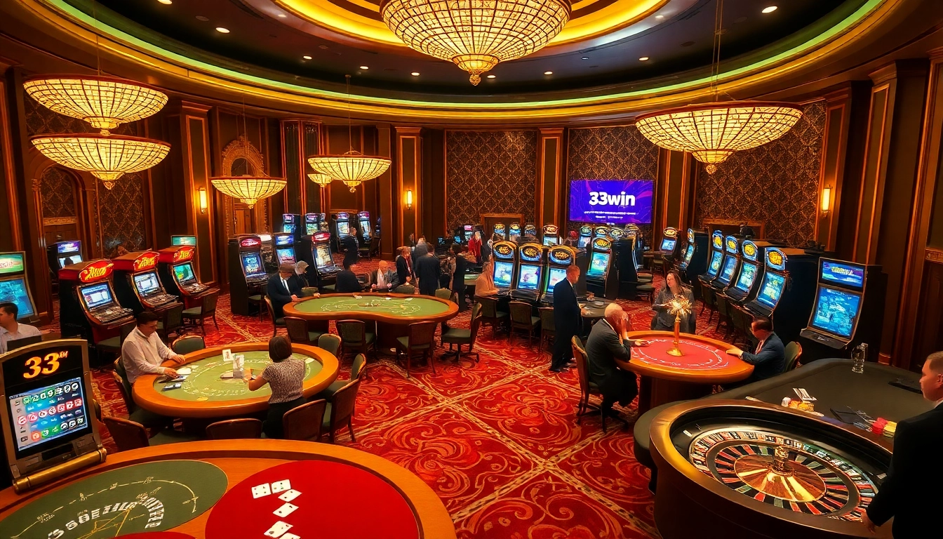 Players enjoying various games at 33win casino, showcasing vibrant slot machines and poker tables.