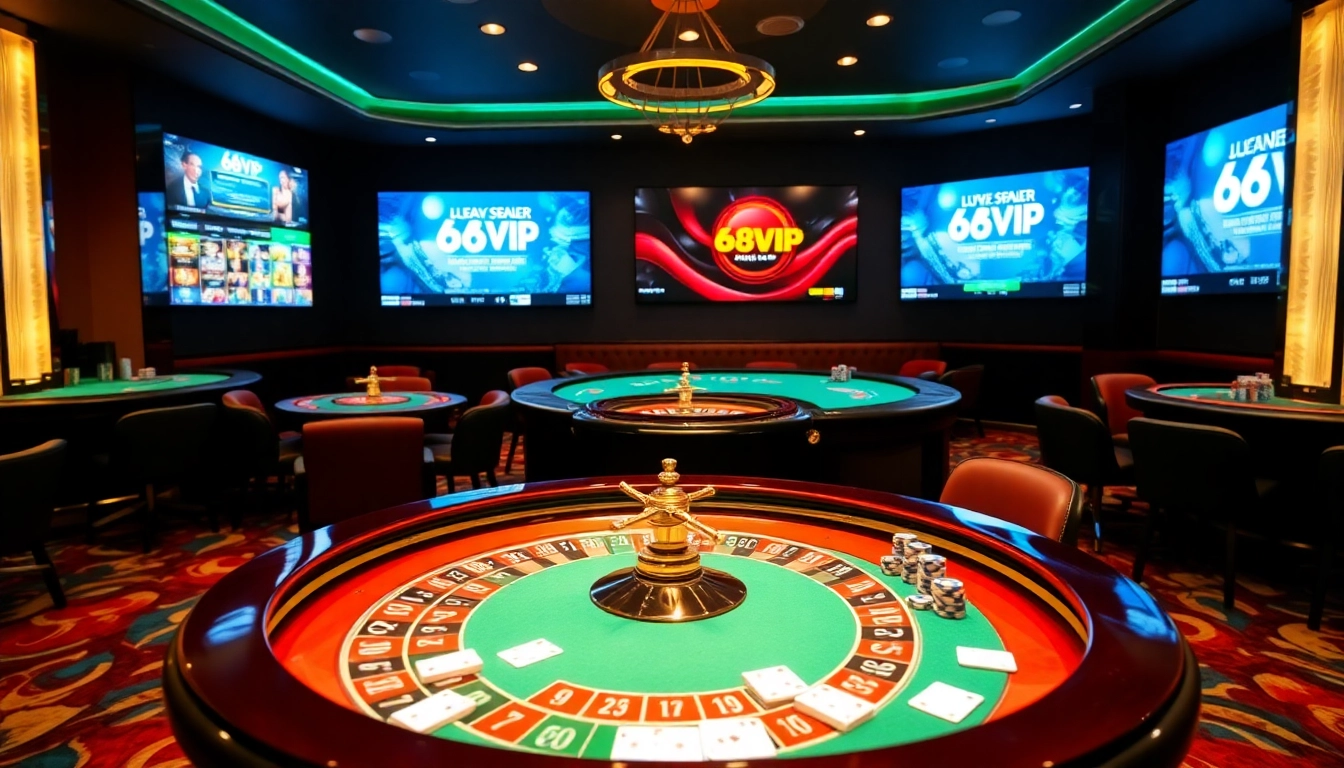 Experience the excitement of 68VIP with vibrant casino elements featuring poker chips and a roulette wheel.