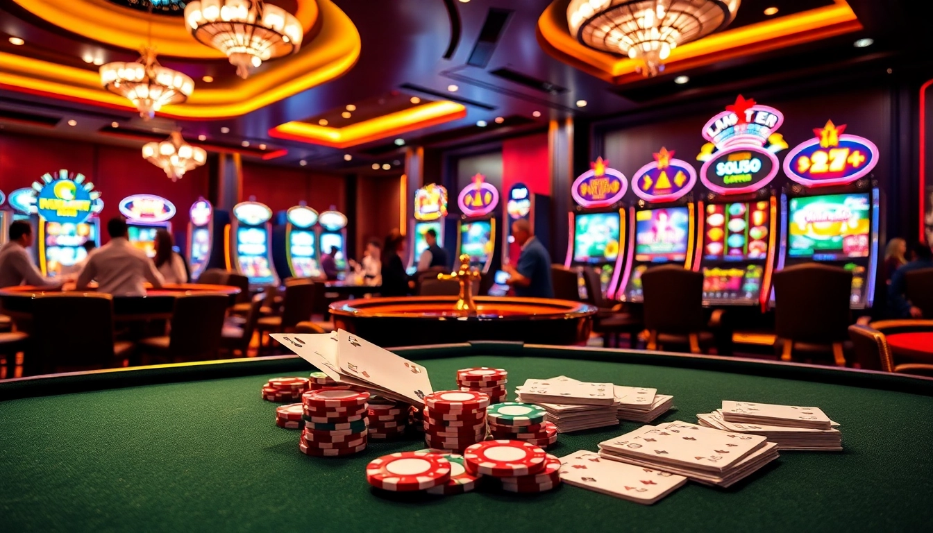 Experience the thrill of KP88 casino with jubilant players at gaming tables and slot machines.