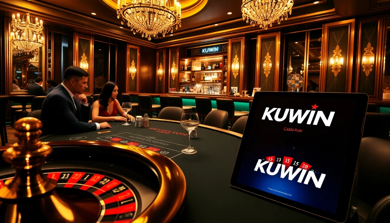Players enjoying poker and betting on KUWIN at a luxurious casino table.