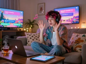 Engaging AI porn chat scene with a vibrant character in a cozy environment, showcasing modern digital interaction.