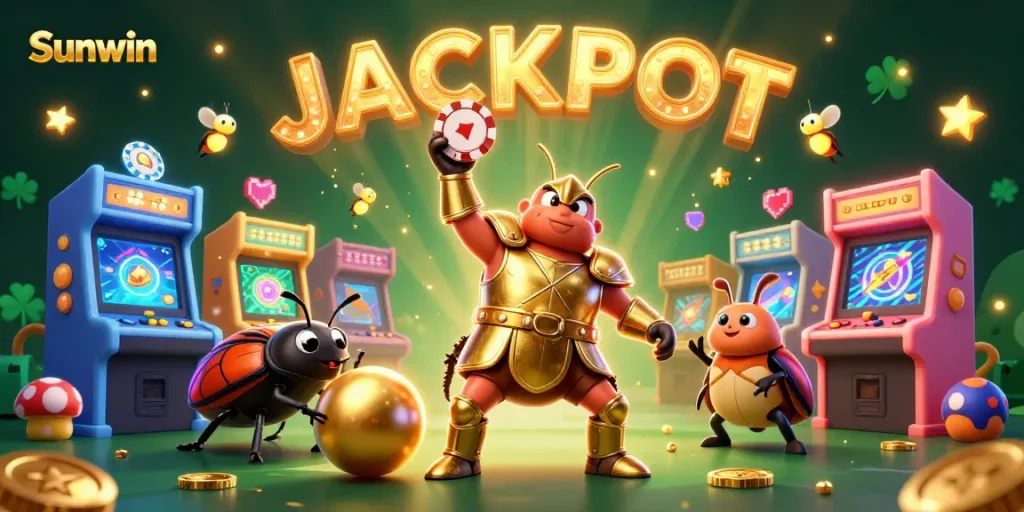 Sunwin showcases a vibrant jackpot theme with a heroic beetle and glowing game elements.
