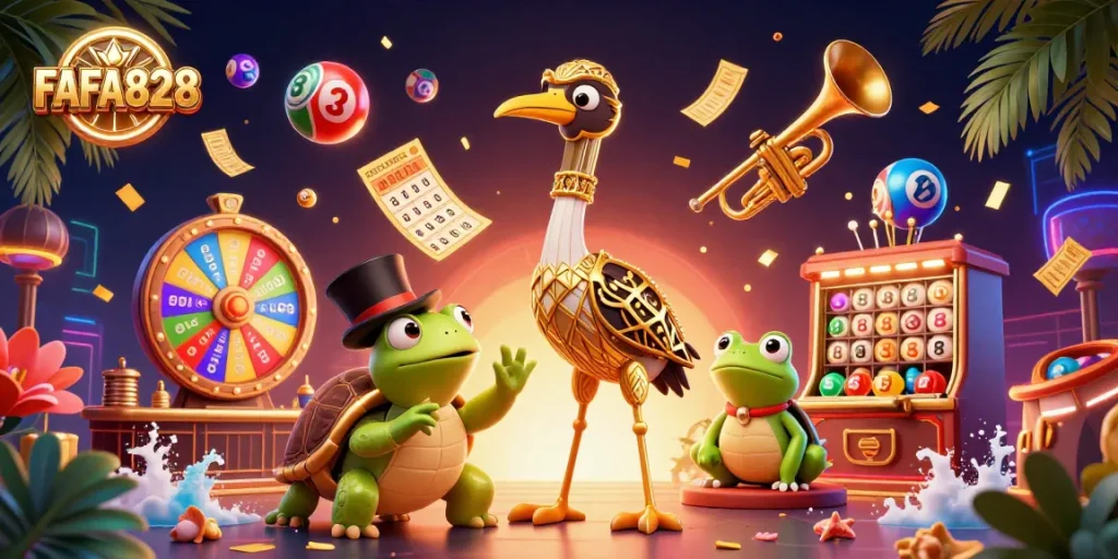 Experience the vibrant FAFA828 casino scene with playful characters and dynamic game elements.
