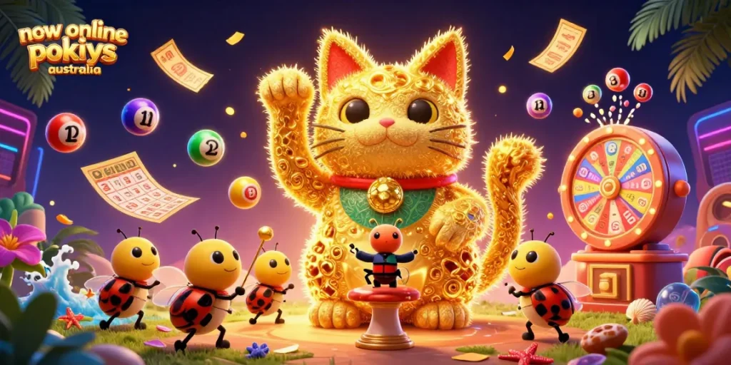 Engage with new online pokies Australia through vibrant 3D illustration featuring colorful casino elements and lucky symbols.