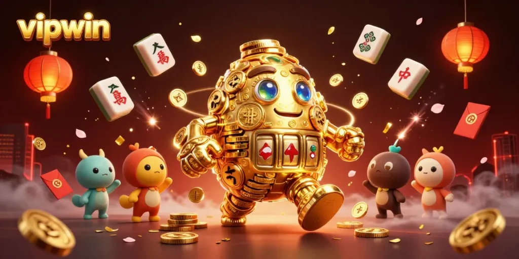 Engage with the vibrant vipwin online casino scene featuring a golden golem and festive game elements.