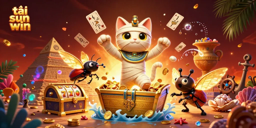Unleash excitement with tải sun win as the Egyptian mummy cat bursts from a golden sarcophagus.